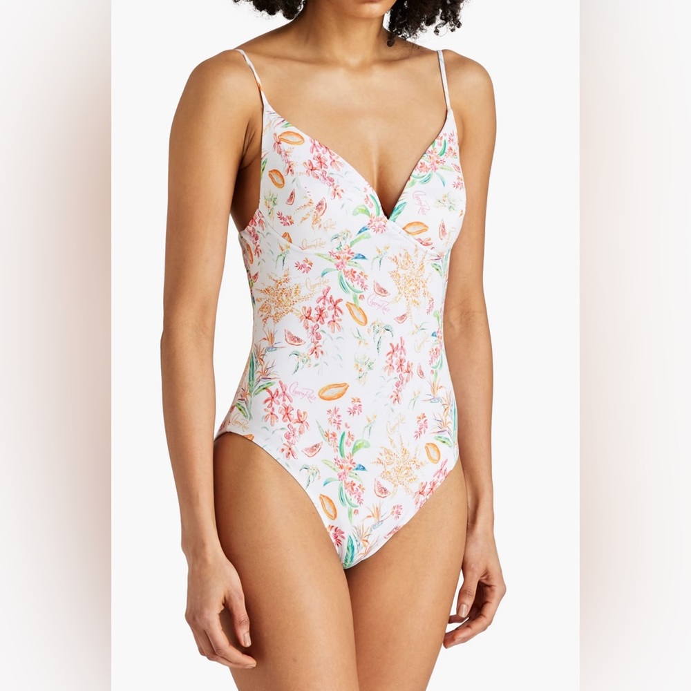 Charo Ruiz White Floral One-Piece Swimsuit with Pink & Green Accents